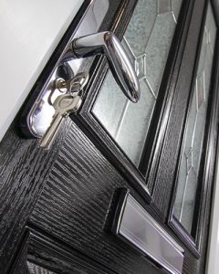 Black composite door close up of handle