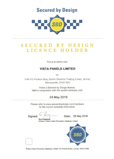 Secured by Design certificate for Vista Panels