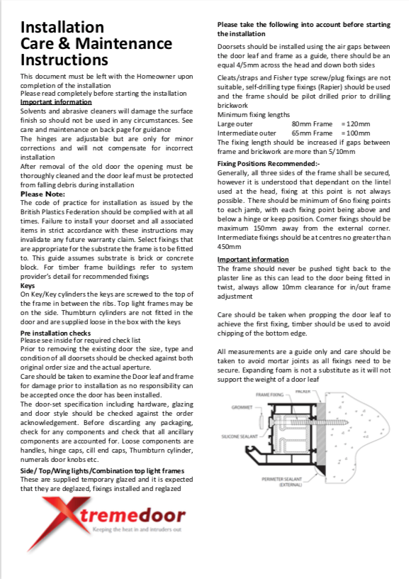 XtremeDoor installation care & maintenance instructions