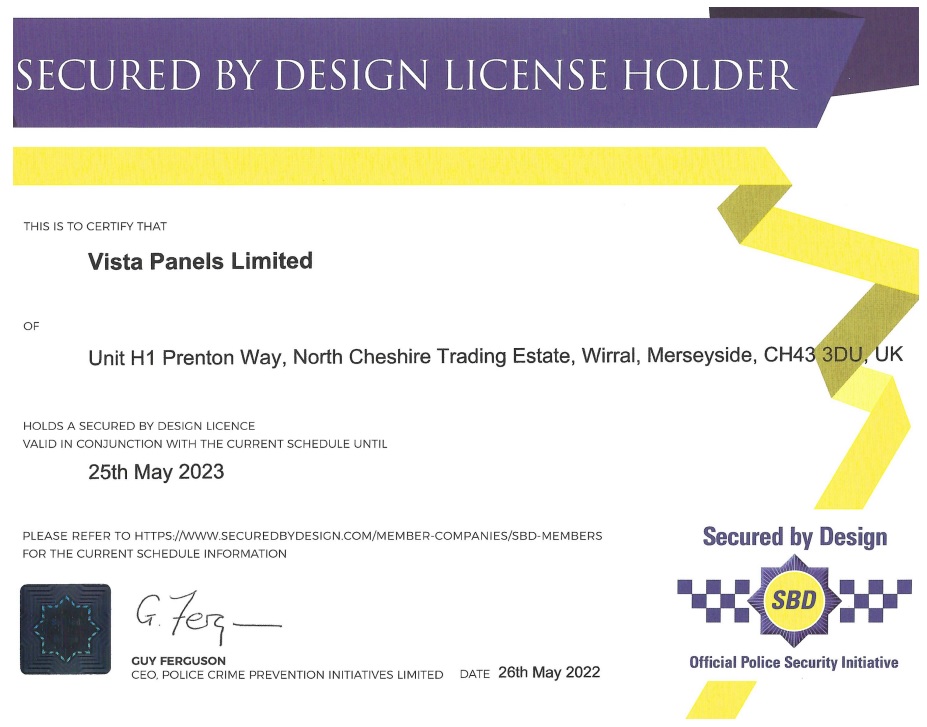 Vista Panels Secured by Design certificate