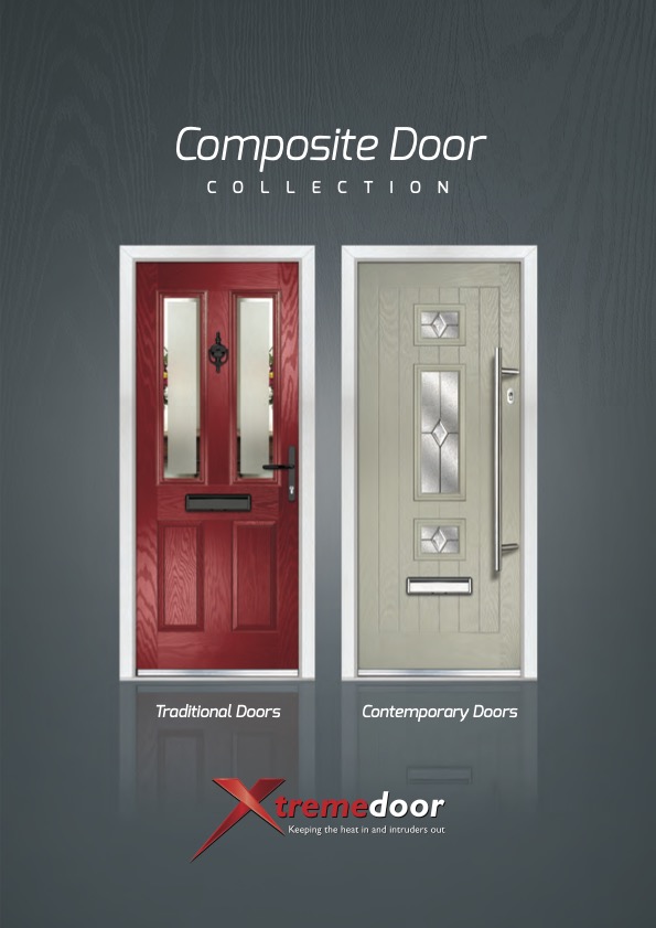 This is a promotional brochure for the 'Composite Door Collection' by XtremeDoor. The brochure features two doors against a dark grey background. On the left is a 'Traditional Door' painted in a bright red with ornate glass panels, a black letterbox, and a black handle. On the right is a 'Contemporary Door' in a light cream colour with a modern design, featuring sleek glass panels and a metallic handle. The XtremeDoor logo is prominently displayed at the bottom with the tagline 'Keeping the heat in and intruders out.' The overall design conveys a contrast between classic and modern door styles offered by the company.