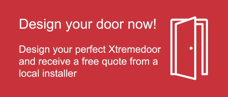 Online Xtremedoor design tool shown on a desktop, with a call-to-action to start designing and get a free quote