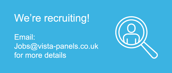Recruitment banner with red background for Vista Panels with megaphone icon and contact email for job enquiries